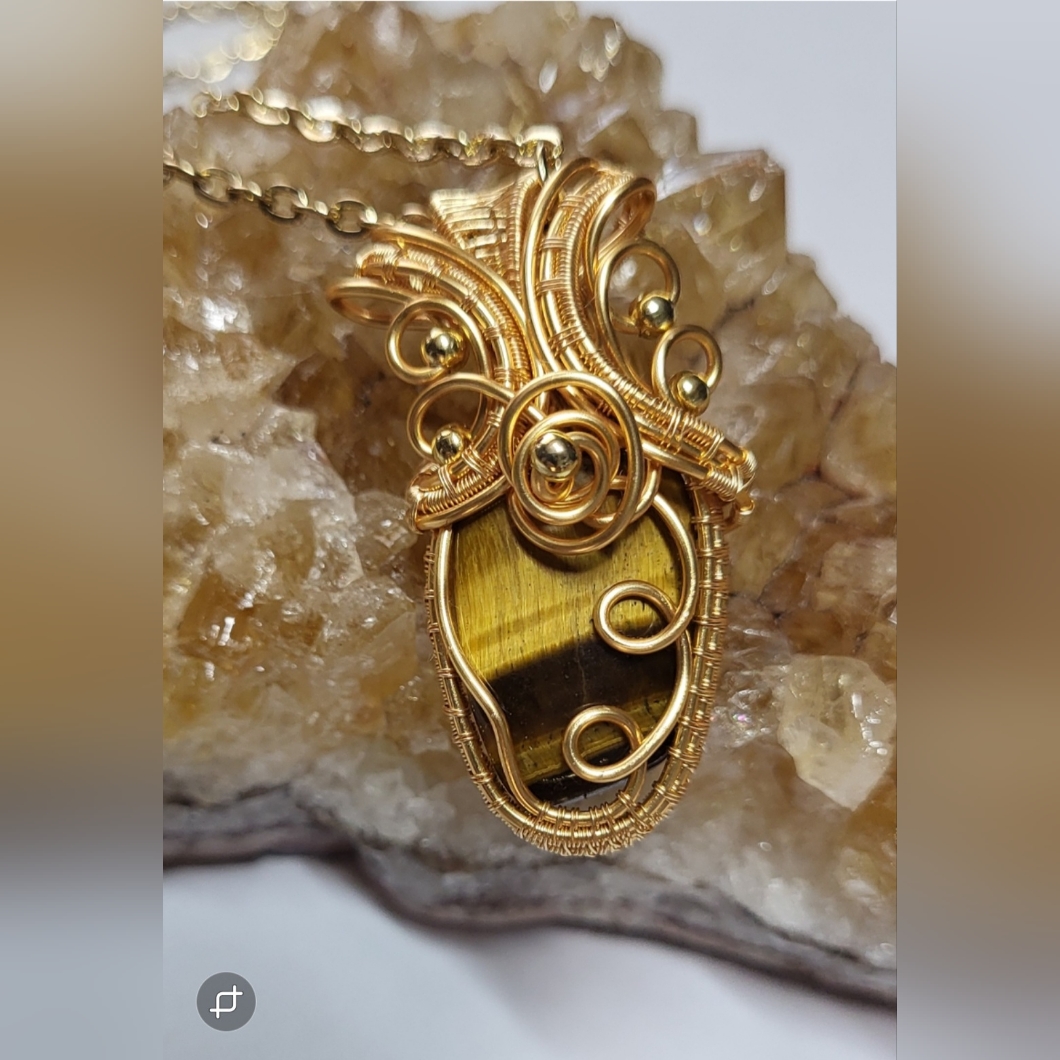 Tiger Eye Gold Plated Wire Wrapped Pendant Necklace